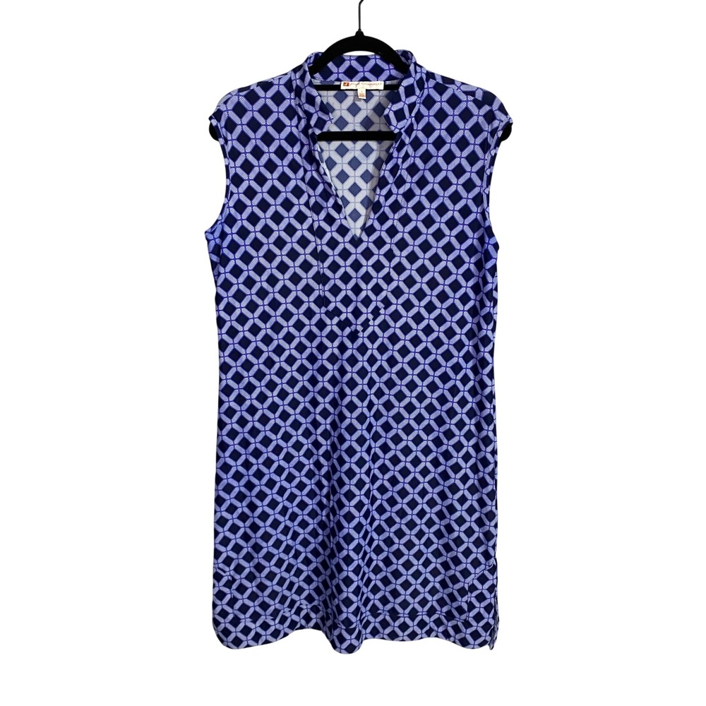 Jude Connally Blue Geometric Diamond Sleeveless Shift Dress V-Neck Size L USA